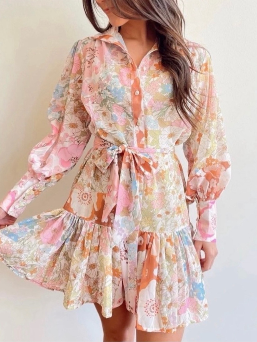 Pink Ripple Boho Tunic Dress Colorful Floral Pastel Patchwork Buttondown Medium